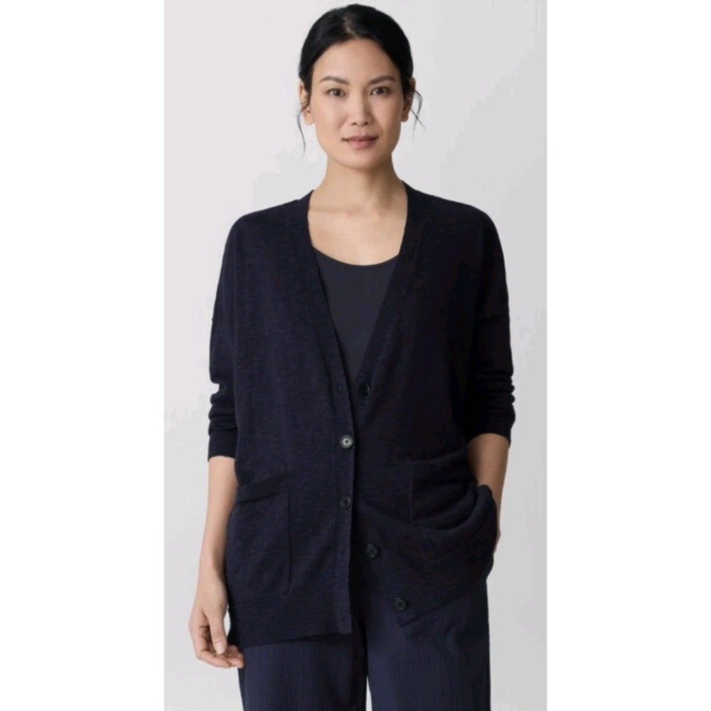 EILEEN FISHER Organic Linen‎ Cotton Slub Cardigan Woman Sz S Navy Button Pockets